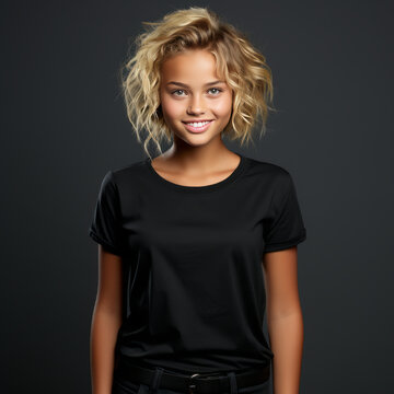 Smiling Girl wearing black T-Shirt Mockup on white studio background. Generative Ai