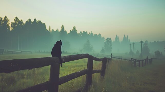 A black cat sits on a fence in an abandoned village on an early foggy morning. Peaceful landscape of the countryside. Illustration for cover, card, interior design, poster, brochure or presentation.