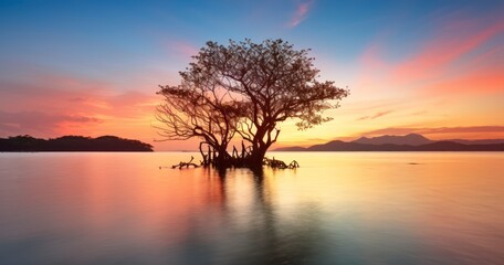 Vibrant Vistas - Landscape beautiful mangrove tree with a colorful sunset