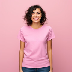 Smiling Girl wearing pink T-Shirt Mockup on white studio background. Generative Ai