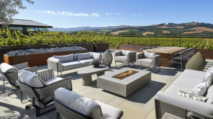 A rooftop terrace offers a stunning vista of the winery grounds with inviting lounge furniture and fire pits for guests to relax and take in the views. The design incorporates - obrazy, fototapety, plakaty