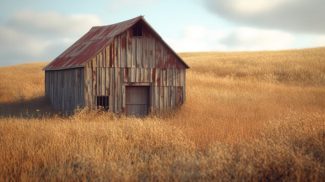 Rustic weathered barn surrounded by golden fields