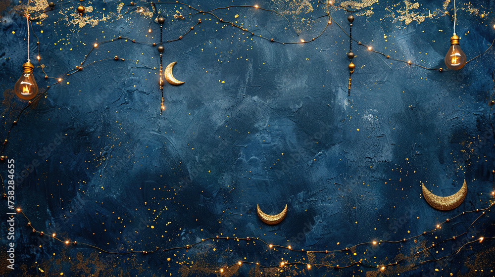 Wall mural Ramadan Kareem and eid card with navy blue background with moon, stars, lantern,lights and glitter in gold, Ramadan mubarak Greeting card, invitation for muslim community.