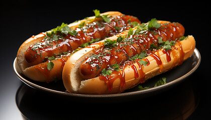 Grilled meat meal, gourmet beef, freshness on hot dog bun generated by AI