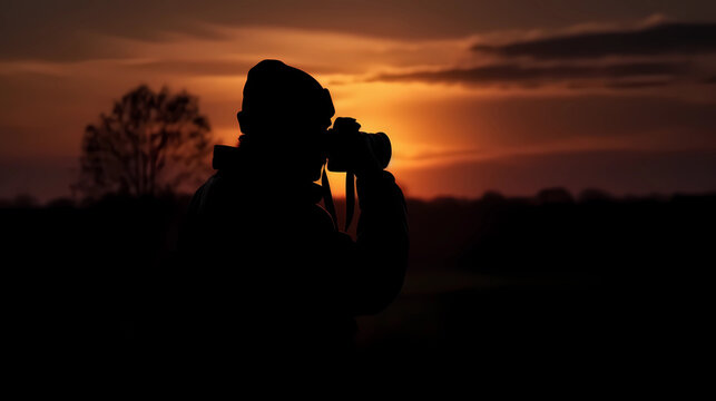 silhouette of a photographer with a camera in his hands at sunset 