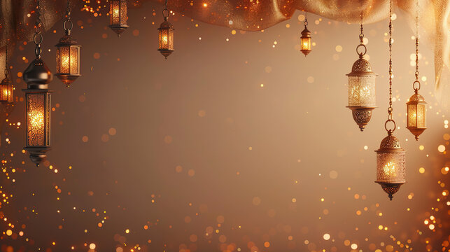 islamic greeting ramadan kareem and eid mubarak card design background with lanterns , lamps and lights