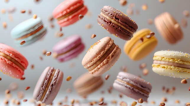 Various colorful of macarons floating on the air isolated on clean png background, Desserts sweet cake concept, with Generative Ai.