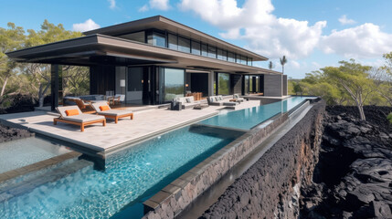 A perfect blend of luxury and adventure this home is located near a dormant volcano and features a stunning infinity pool that appears to flow seamlessly into the surrounding