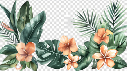 Watercolor of Tropical spring floral green leaves and flowers s isolated on transparent png background, bouquets greeting or wedding card decoration, with Generative Ai - obrazy, fototapety, plakaty