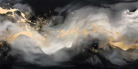 Abstract dark grey ink acrylic splashes background with golden elements
