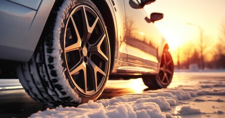 A New Winter Car Tire Gleams in the Fresh Morning Sunlight