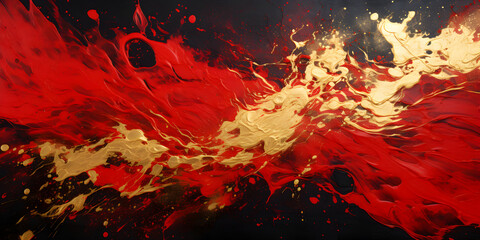 Abstract dark red ink acrylic splashes background with golden elements