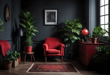 living room with red sofa and lamp