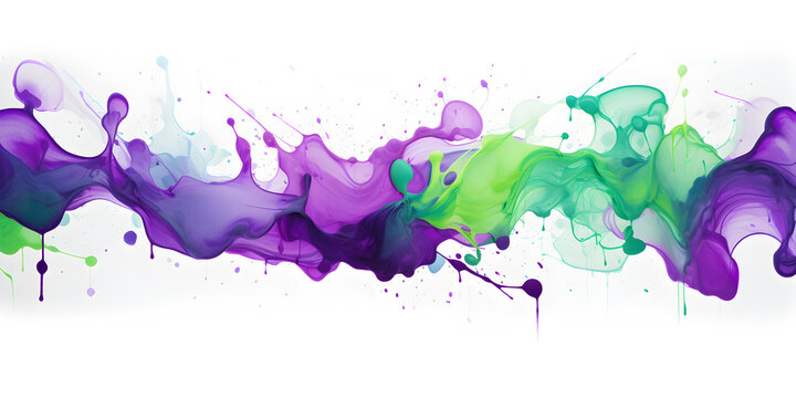 Abstract purple and green acrylic paint splashes on white background 