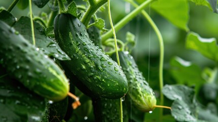 Ripe green cucumbers in the garden highlight the success of ecological cultivation, encouraging healthy eating habits through the consumption of locally grown vegetables.