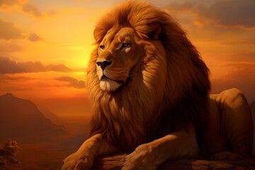 Serene Sunset: The Majestic Lion Bathed in Golden