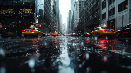 Abstract reflections in a rain-soaked city street - obrazy, fototapety, plakaty