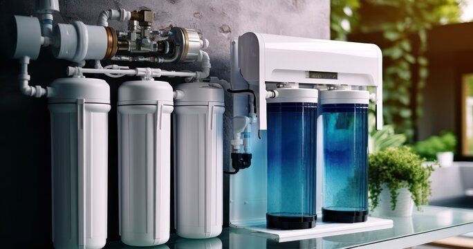 Installed water purification filters. Reverse osmosis water purification system at home