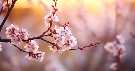 Spring flowers. Beautiful nature scene with blooming tree and sun flare. Spring blossom background