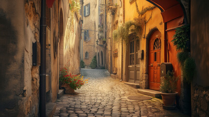 Enchanting alleyway in a historic European town - obrazy, fototapety, plakaty