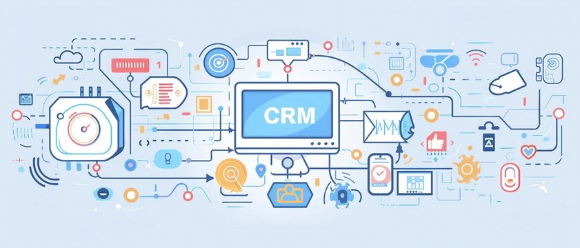 An illustration of a microchip on a circuit board with "CRM" stylized using customer icons and interaction symbols, representing the concept of Customer Relationship Management.