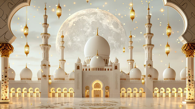 Ramadan Kareem and eid greeting card photo with serene white mosque background with beautiful glowing lantern lights