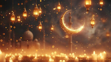 Ramadan Kareem greeting photo card with glowing mosque background with beautiful glowing lantern candle lamp and moon