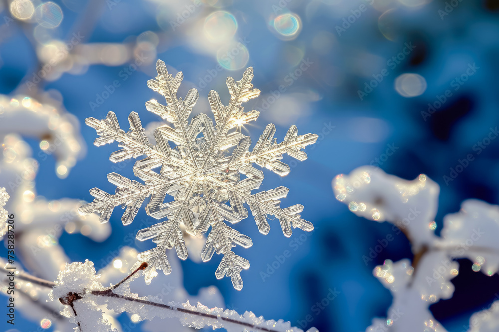 Poster snowflake with a white crystal and a winter overlay on the tip