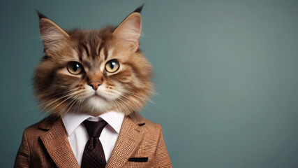 Cat wearing formal business suit, studio shoot on plain color background, cooperative business concept.