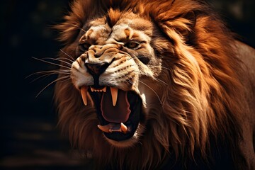 Fototapeta premium Radiant Roar: A Close-Up View of the Lion's Ferocity