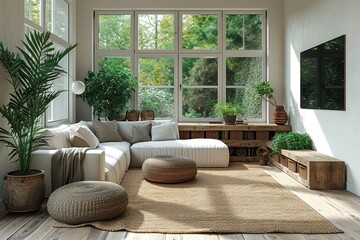 Living room in light beige colors with loft style corner window, wooden furniture, small black...