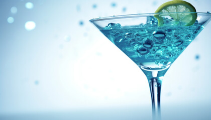 Refreshing martini glass with blue liquid, ice, and olive decoration generated by AI