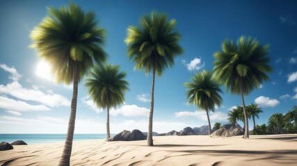 Palm trees on a beautiful sandy beach with large stones.