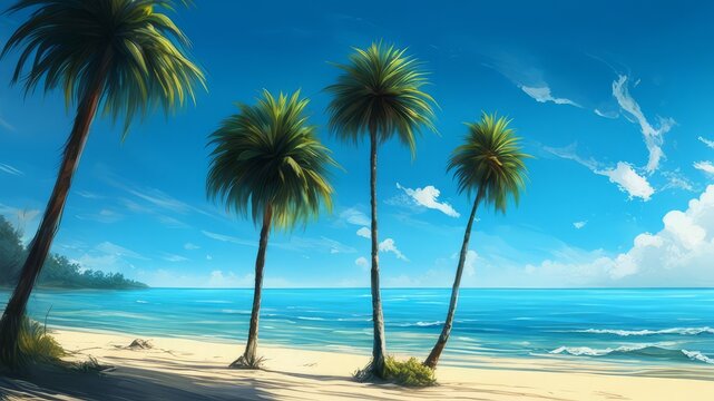 Lush palm trees grow on the sandy beach by the sea.