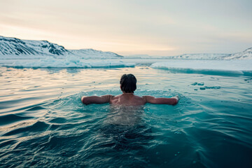Obraz na płótnie Canvas man trying to swim to the edge of the ice, with his arms growing tired