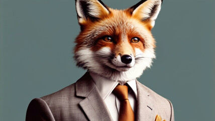 Obraz premium Fox wearing formal business suit, studio shoot on plain color background, cooperative business concept.