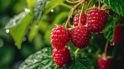 Nature's bounty unfolds with plump, ripe raspberries on a bush, glistening with water droplets, symbolizing a successful and sweet gardening harvest.