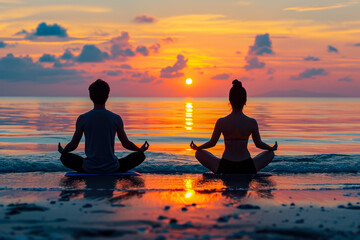 man and a woman doing yoga on the beach, watching the sunset