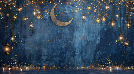 Ramadan Kareem islamic design crescent moon and lantern lights with glitter on navy blue background