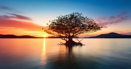 Twilight Tranquility: A Landscape Alive with the Beauty of Mangrove Trees Under a Colorful Sunset