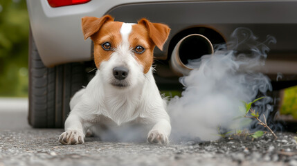 Car exhaust pipe with fumes and a cute dog that sits next to it and breathes harmful air. Concept of air pollution by automobiles.