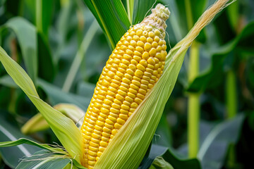 corn with a yellow color and a cob shape and a sweet overlay on the kernel