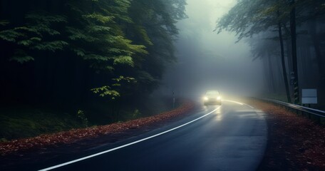 The Surreal Glow of Car Lights on a Fog-Enshrouded Forest Road