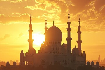 An ornate mosque basked in the golden light of the setting sun