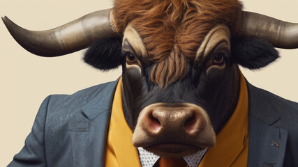 Strong bull wearing formal business suit, studio shoot on plain color background, cooperative business concept. - obrazy, fototapety, plakaty