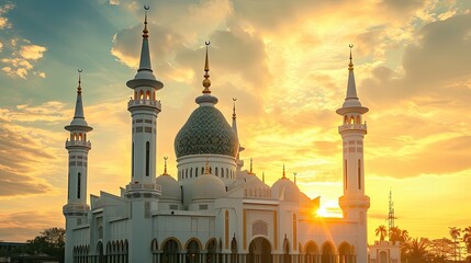 An ornate mosque basked in the golden light of the setting sun - Powered by Adobe