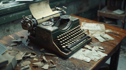 A well-worn, vintage typewriter sitting on a wooden desk with scattered sheets of paper and an ink-stained ribbon - obrazy, fototapety, plakaty