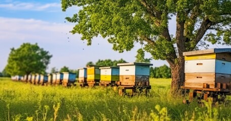 Fototapeta na wymiar A Peaceful Apiary Scene with Rows of Colored Beehives, Bees Buzzing with Summer's Bounty