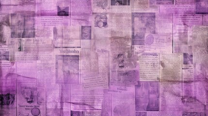 The background is old newspaper clippings in Lilac color
