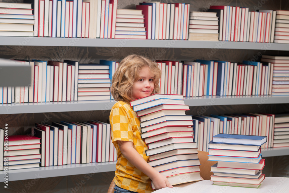 Poster School boy. Schoolboy reading book in library. Kids learn to read. Pupil reading books in a school library. School child doing homework, study hard in classroom.
